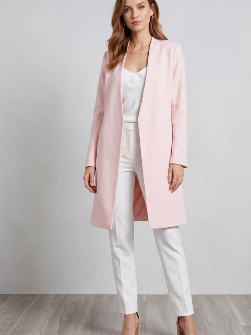 Pale Pink Open-Front Long Trench Coat.
